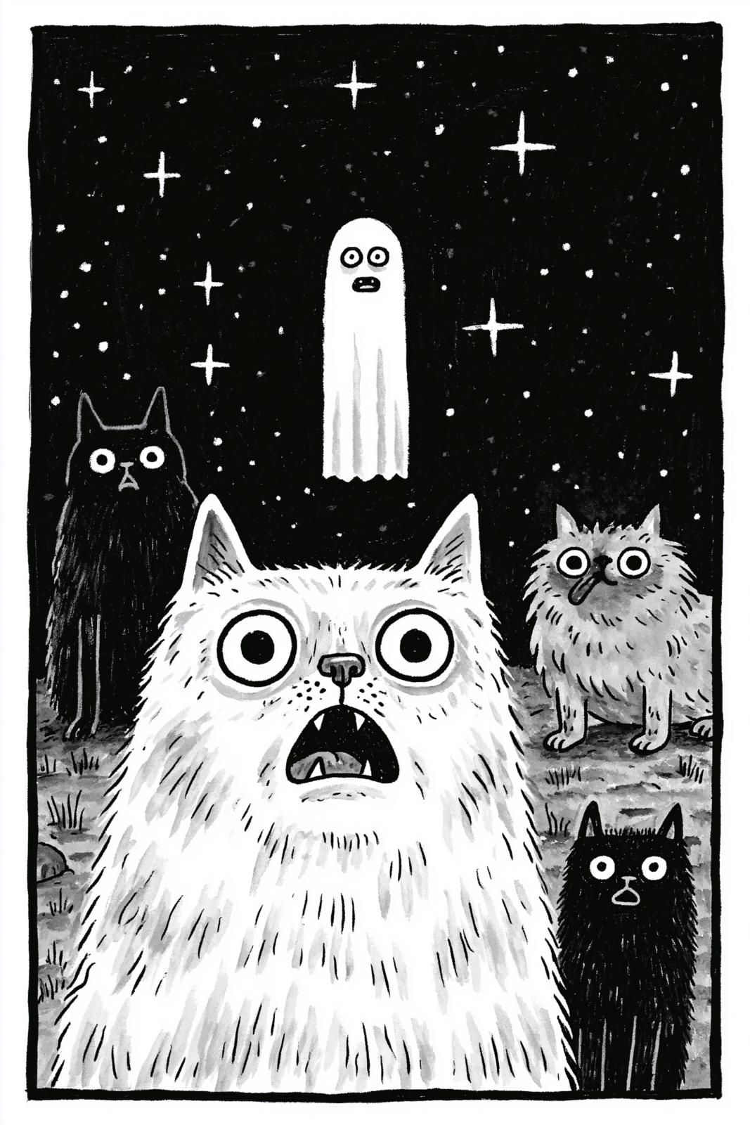 Whimsical Scared Cats & Ghost Printable Wall Art - Funny Black and White Spooky Mewment Illustration Postcard