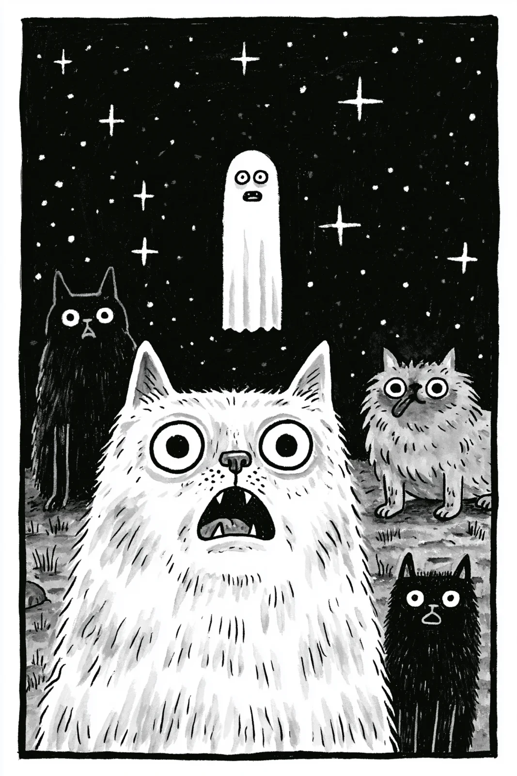 Whimsical Scared Cats & Ghost Printable Wall Art - Funny Black and White Spooky Mewment Illustration Postcard Whimsical Scared Cats & Ghost Printable Wall Art - Funny Black and White Spooky Mewment Illustration Postcard
