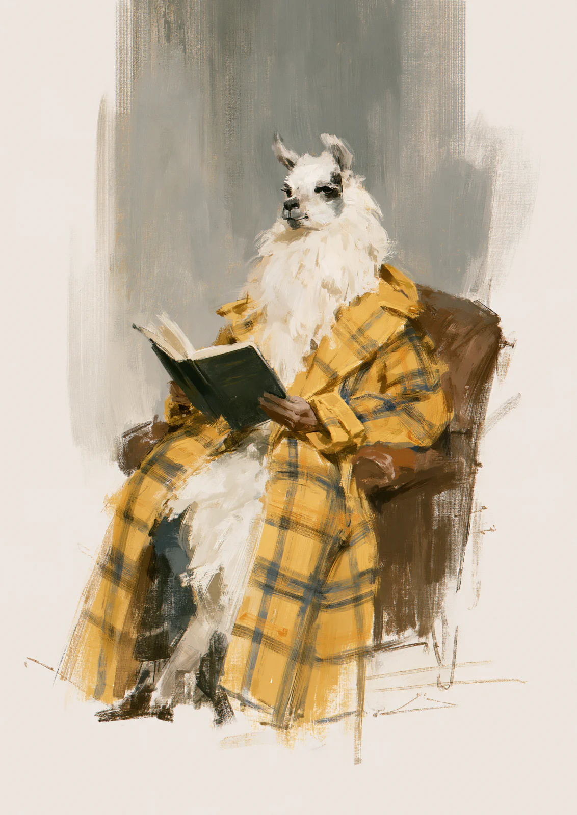 Reading Llama Wall Art Printable – Funny Llama in Yellow Bathrobe Reading Book Poster, Eclectic Bookworm Animal Portrait Digital Print