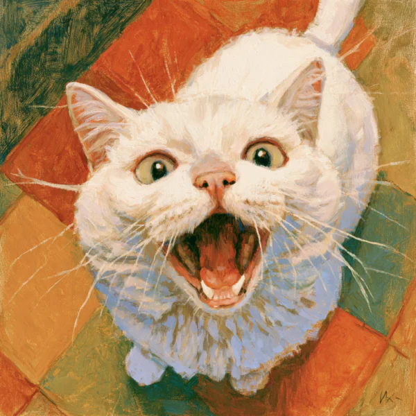 Funny Screaming White Cat Printable Wall Art – Quirky Oil Painting Cat Lover Poster