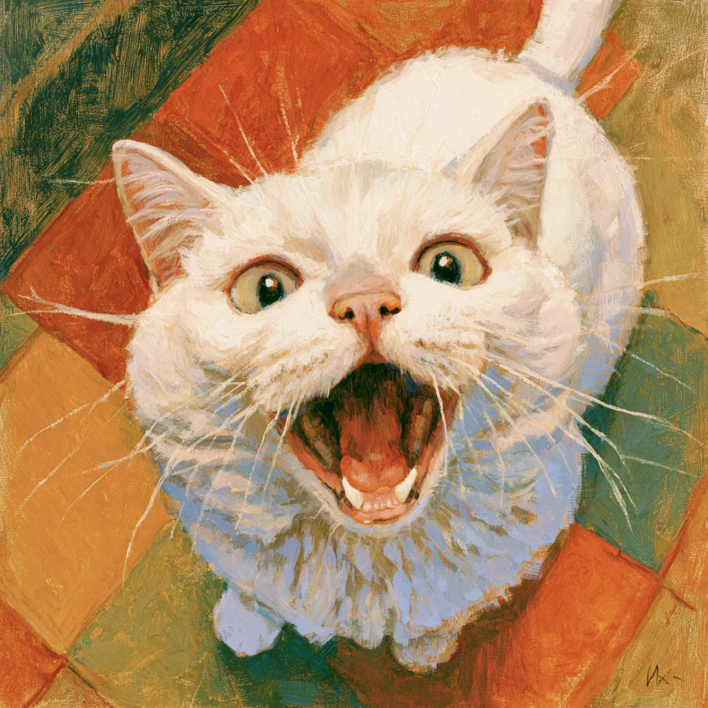 Funny Screaming White Cat Printable Wall Art – Quirky Oil Painting Cat Lover Poster