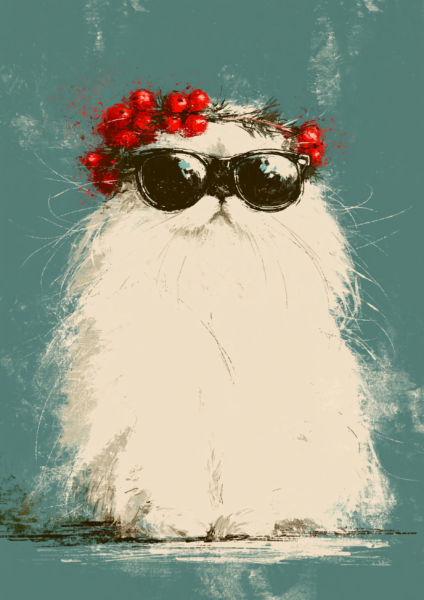 Cool Fluffy Cat with Sunglasses & Berry Wreath Printable Wall Art – Whimsical Vintage Animal Poster