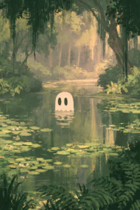 Ghost in Pond Enchanted Forest Printable Wall Art – Moody Cottagecore Spooky Landscape Poster