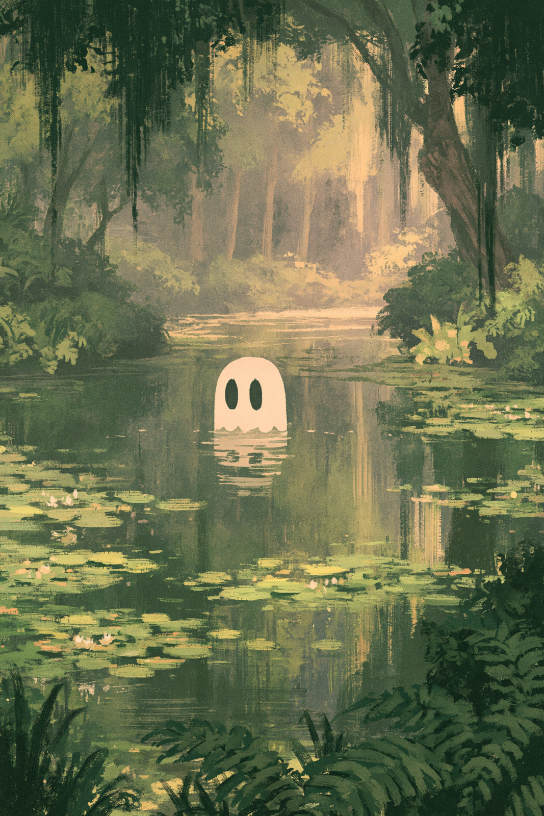 Ghost in Pond Enchanted Forest Printable Wall Art – Moody Cottagecore Spooky Landscape Poster