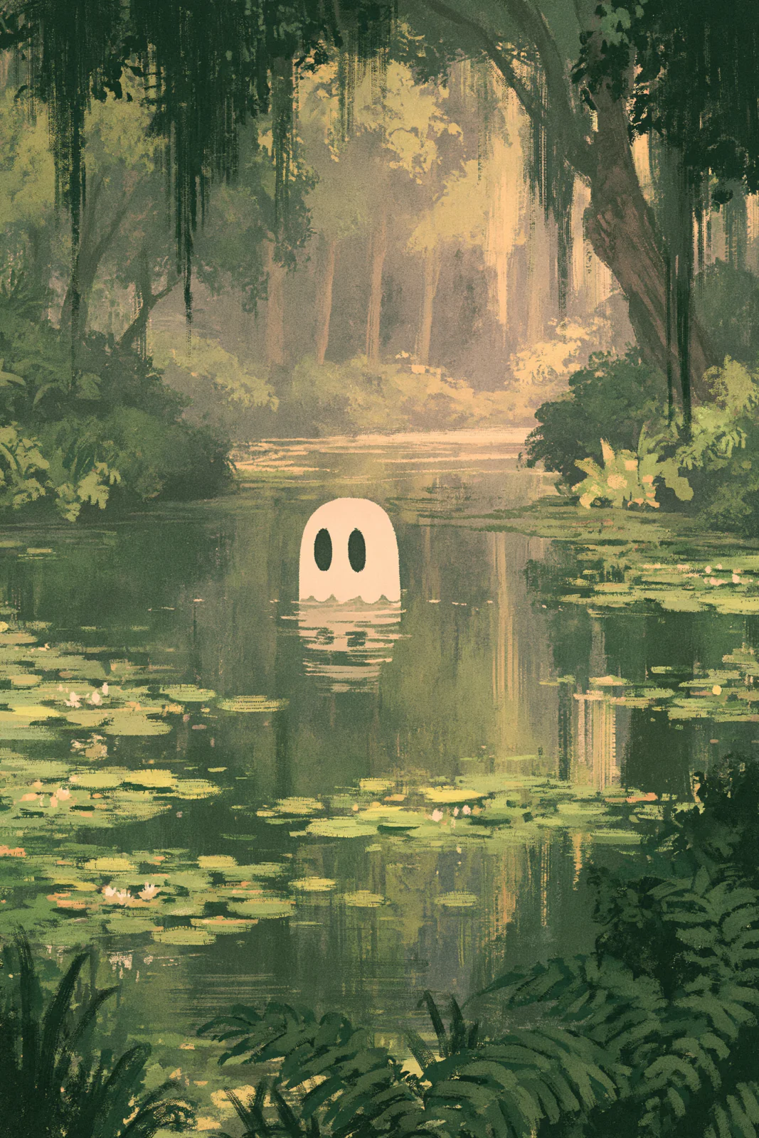 Ghost in Pond Enchanted Forest Printable Wall Art – Moody Cottagecore Spooky Landscape Poster
