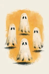 Cute Ghosts Gathering Printable Wall Art & Postcard – Warm Autumn Spooky Season Poster