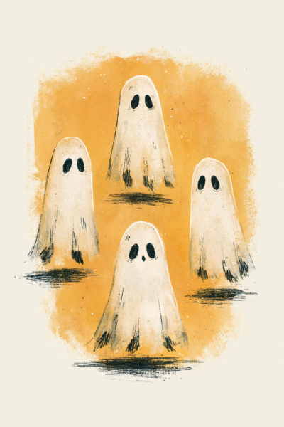 Cute Ghosts Gathering Printable Wall Art & Postcard – Warm Autumn Spooky Season Poster