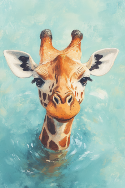 Cute Giraffe Floating in Water Printable Wall Art – Whimsical Animal Oil Painting Poster