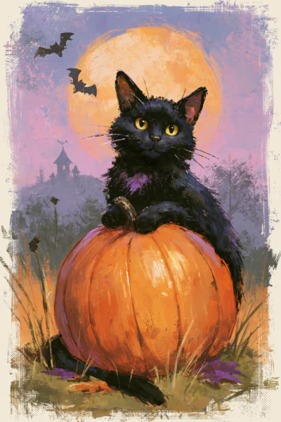 Cute Black Cat on Pumpkin Printable Wall Art – Vintage Halloween Full Moon Illustration Poster
