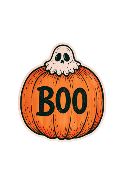 Cute Pumpkin BOO Ghost Sticker Printable – Retro Halloween PNG Clipart & Spooky Season Decal