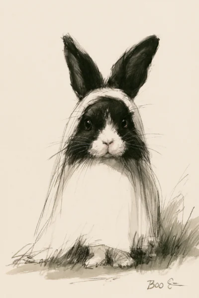 Cute Ghost Bunny Charcoal Sketch Printable Wall Art – Funny Spooky Halloween Rabbit Poster