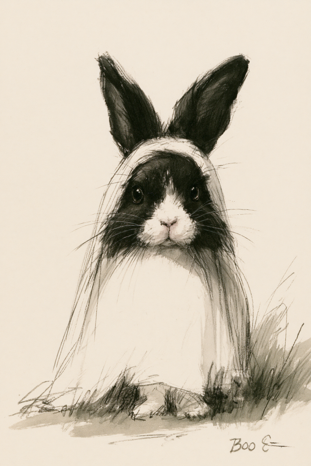 Cute Ghost Bunny Charcoal Sketch Printable Wall Art – Funny Spooky Halloween Rabbit Poster