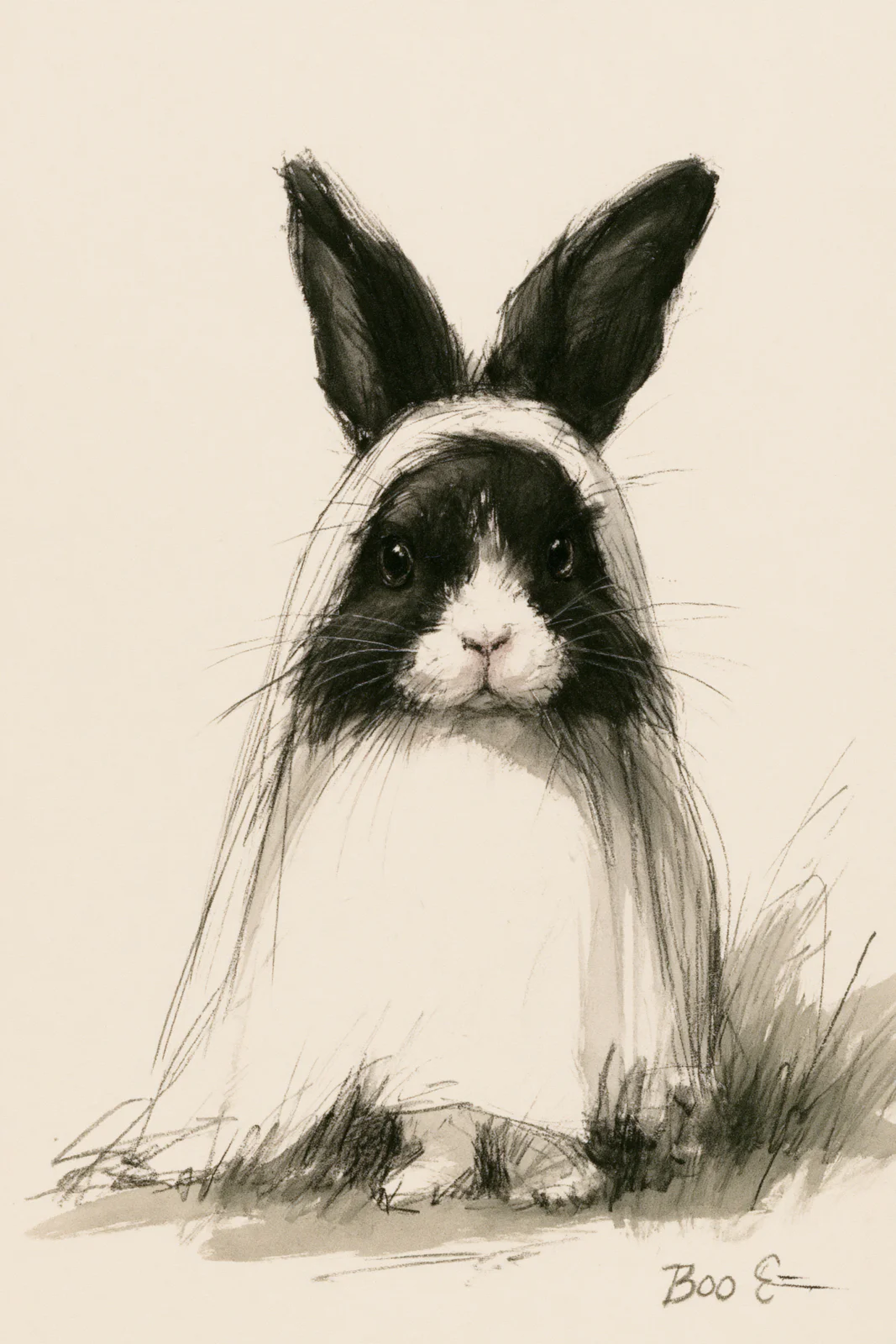 Cute Ghost Bunny Charcoal Sketch Printable Wall Art – Funny Spooky Halloween Rabbit Poster
