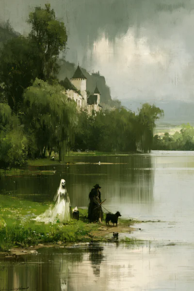 Moody Ghost by the Lake Printable Wall Art – Vintage Gothic Landscape Haunted Castle Painting Poster