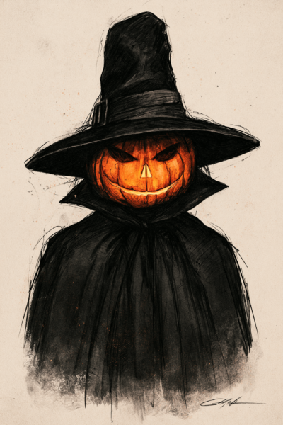 Vintage Pumpkin Witch Printable Wall Art – Dark Academia Halloween Jack-o’-Lantern Sketch Poster