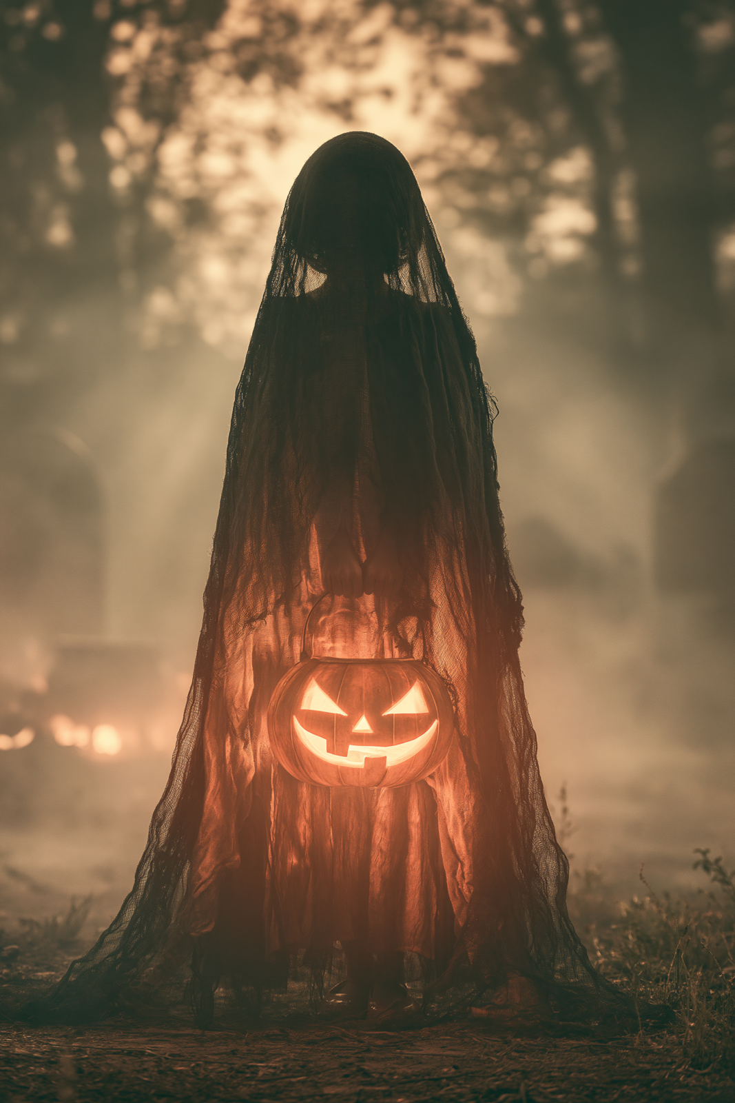 Moody Halloween Jack-o'-Lantern Printable Wall Art - Spooky Black Veil in Foggy Forest Mystery Poster Moody Halloween Jack-o'-Lantern Printable Wall Art - Spooky Black Veil in Foggy Forest Mystery Poster