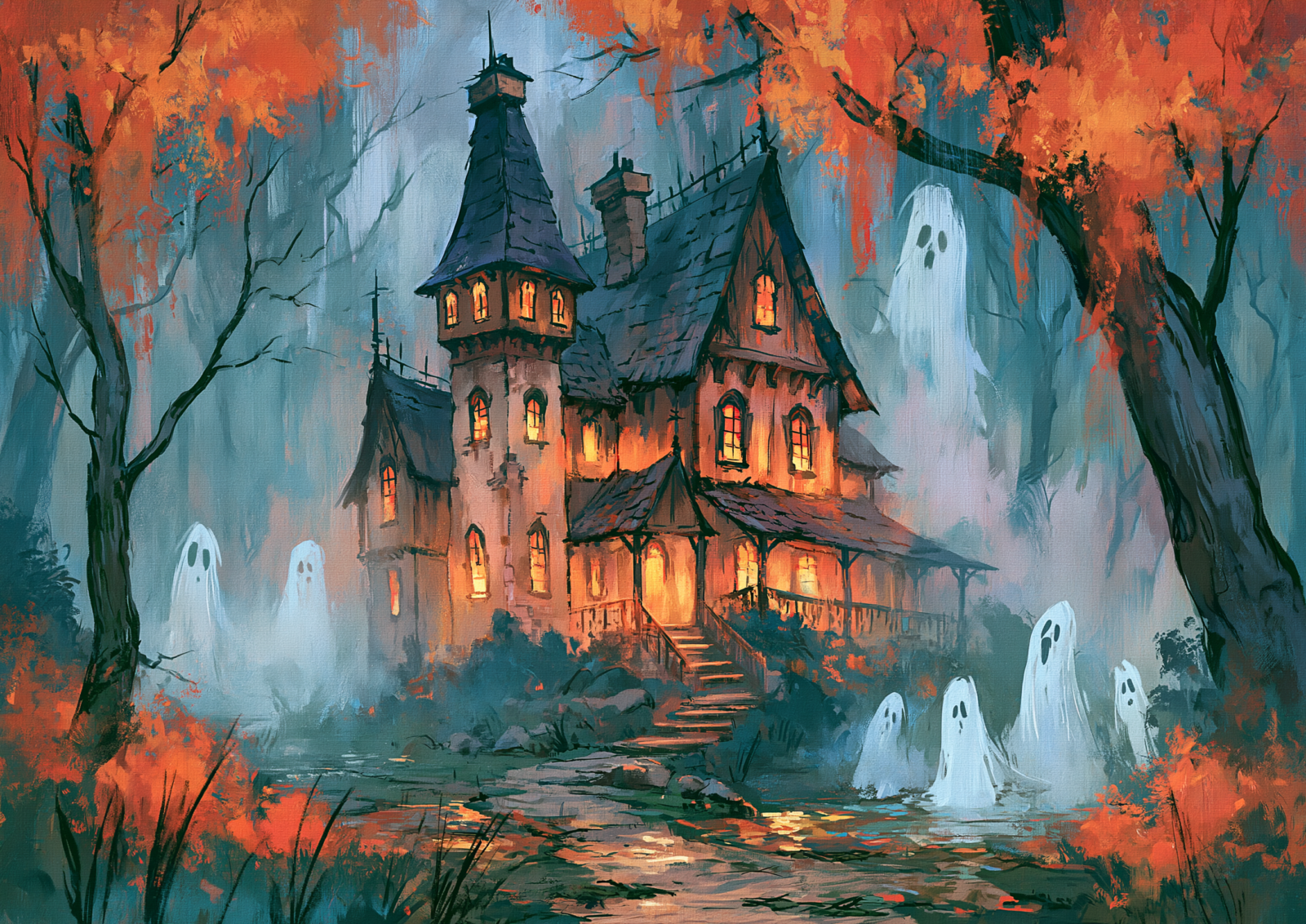 Cozy Haunted House Printable Wall Art – Cute Ghosts & Autumn Forest Impasto Oil Painting Poster, Spooky Halloween Decor