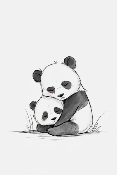 Cute Sleeping Pandas Hugging Printable Wall Art – Sweet Monochrome Nursery Sketch Poster
