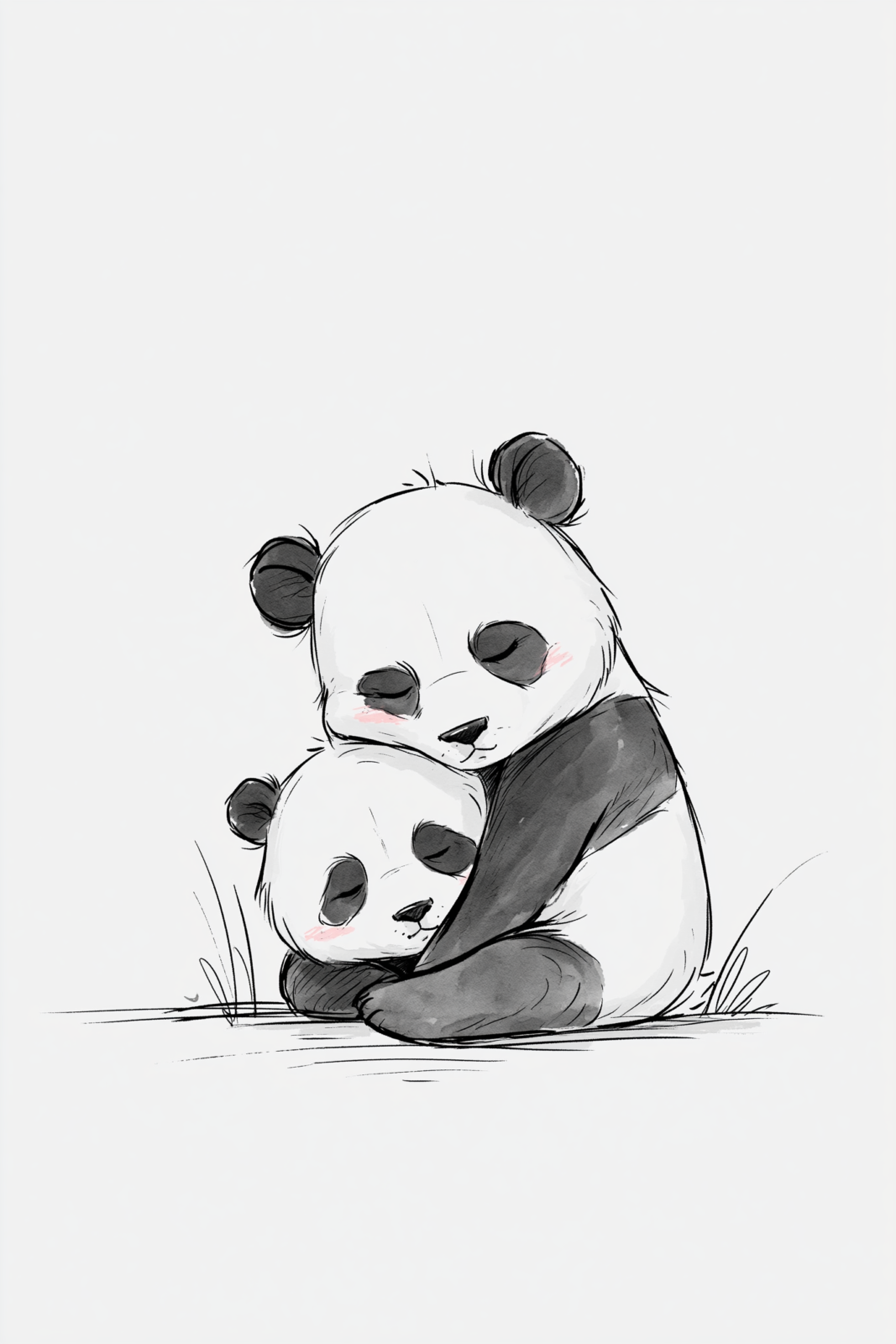 Cute Sleeping Pandas Hugging Printable Wall Art – Sweet Monochrome Nursery Sketch Poster