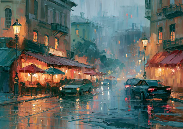 Rainy City Street Impasto Oil Painting Printable Wall Art – Cozy Cafe Night Landscape Poster, Textured European Cityscape Decor