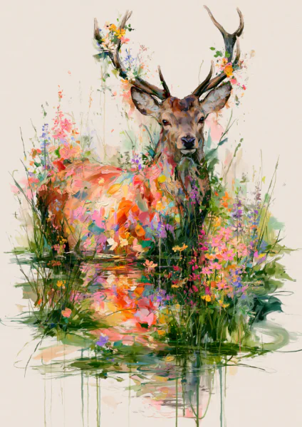 Impasto Floral Deer in Water Printable Wall Art – Majestic Woodland Stag Oil Painting Poster, Ethereal Wildflower Nature Decor Impasto Floral Deer in Water Printable Wall Art – Majestic Woodland Stag Oil Painting Poster, Ethereal Wildflower Nature Decor