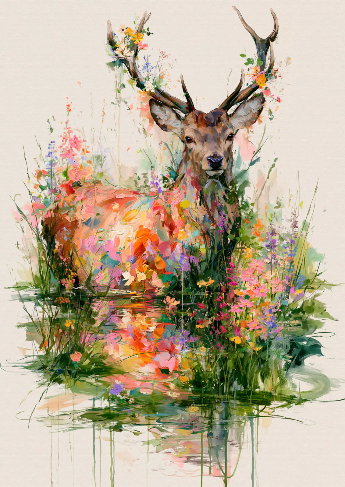 Impasto Floral Deer in Water Printable Wall Art – Majestic Woodland Stag Oil Painting Poster, Ethereal Wildflower Nature Decor