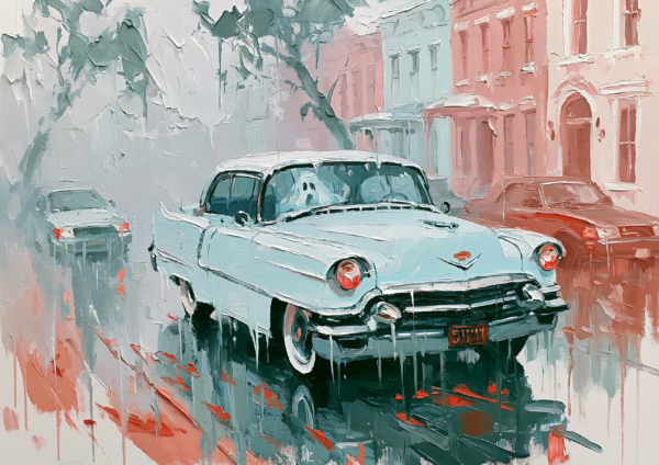 Ghost Driving Classic Vintage Car Printable Wall Art – Retro Rainy Street Impasto Oil Painting Poster, Funny Pastel Halloween Decor