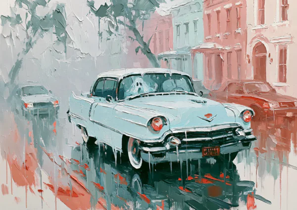 Ghost Driving Classic Vintage Car Printable Wall Art – Retro Rainy Street Impasto Oil Painting Poster, Funny Pastel Halloween Decor