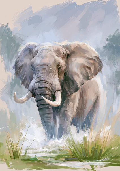 Elephant Wall Art Printable – African Safari Wildlife Painting Poster, Impressionist Elephant Decor Digital Print