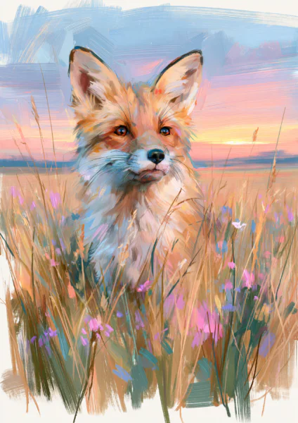 Fox Wall Art Printable – Impressionist Red Fox in Meadow Sunset Painting Poster, Rustic Woodland Wildlife Digital Print