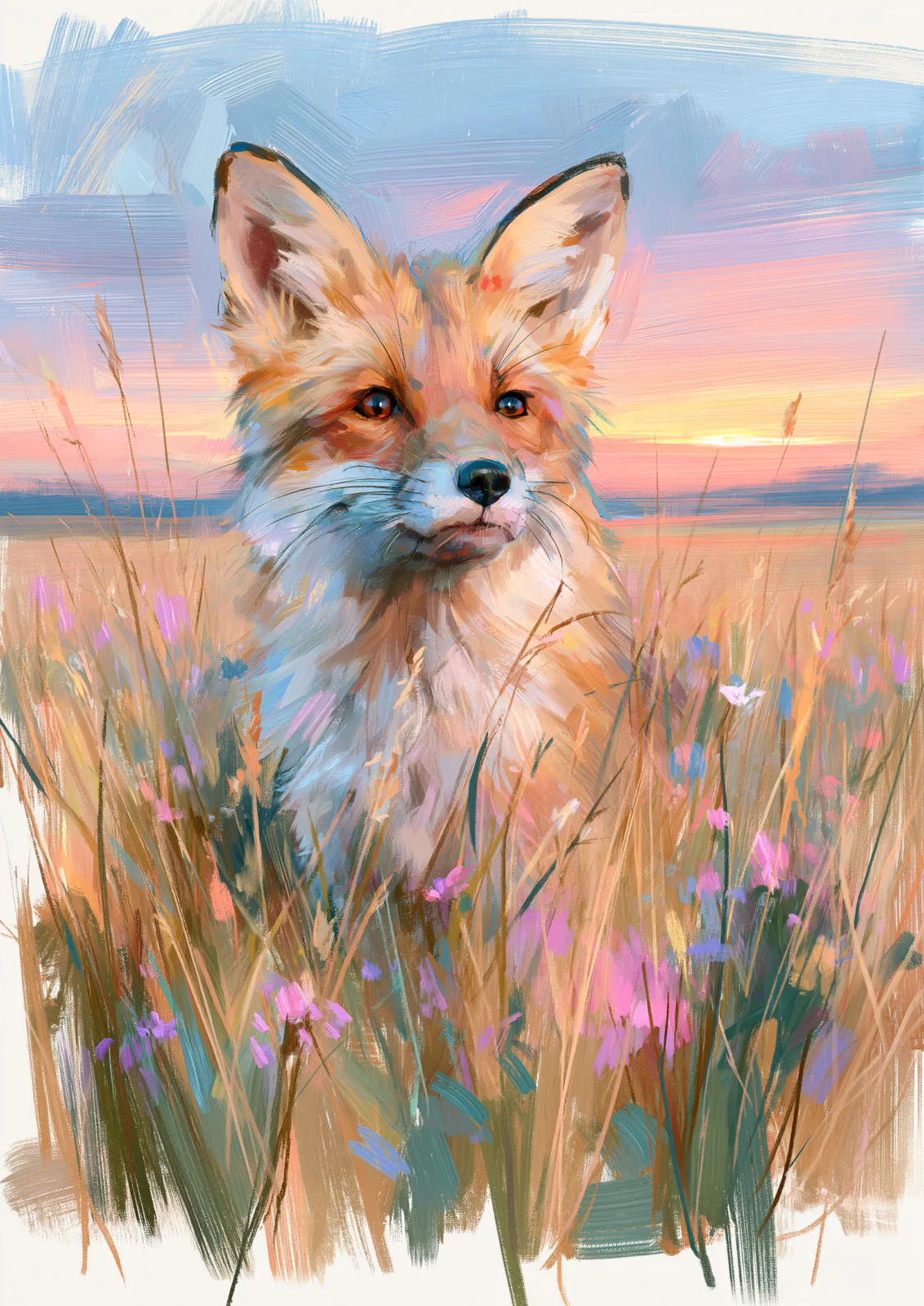 Fox Wall Art Printable – Impressionist Red Fox in Meadow Sunset Painting Poster, Rustic Woodland Wildlife Digital Print