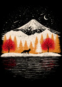 Celestial Fox & Mountain Linocut Printable Wall Art – Dark Japanese Woodcut Style Forest Landscape Poster