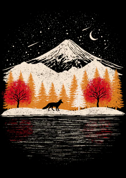 Celestial Fox & Mountain Linocut Printable Wall Art – Dark Japanese Woodcut Style Forest Landscape Poster