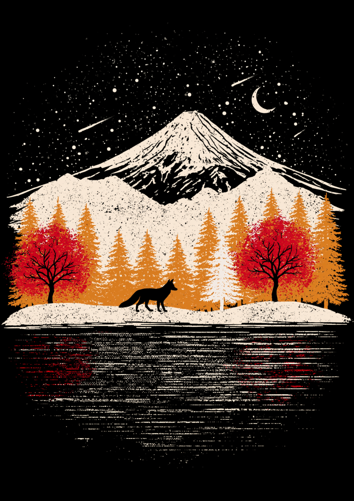 Celestial Fox & Mountain Linocut Printable Wall Art – Dark Japanese Woodcut Style Forest Landscape Poster Celestial Fox & Mountain Linocut Printable Wall Art – Dark Japanese Woodcut Style Forest Landscape Poster