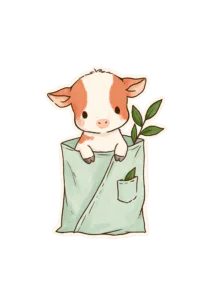 Cute Baby Cow Sticker PNG – Kawaii Calf in Bag Printable Sticker, Die Cut Animal Decal PNG for Planners & Crafting