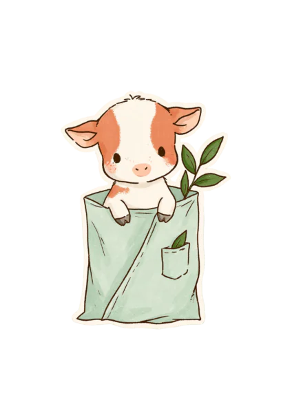 Cute Baby Cow Sticker PNG – Kawaii Calf in Bag Printable Sticker, Die Cut Animal Decal PNG for Planners & Crafting