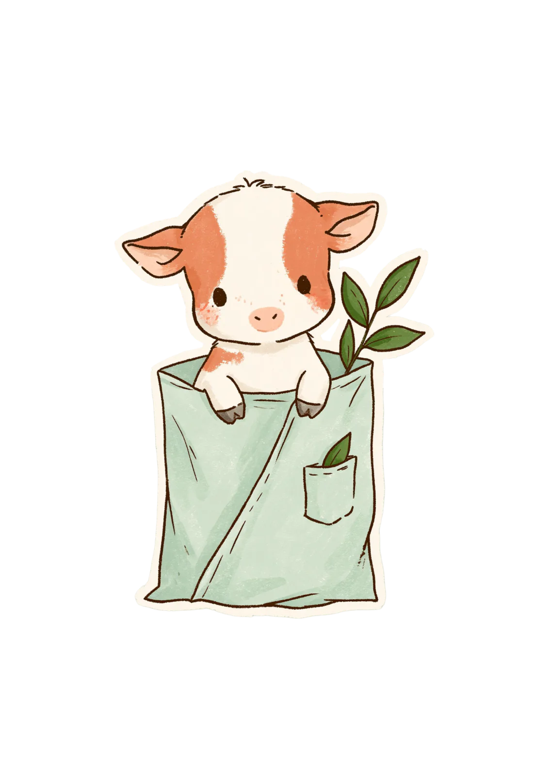 Cute Baby Cow Sticker PNG – Kawaii Calf in Bag Printable Sticker, Die Cut Animal Decal PNG for Planners & Crafting