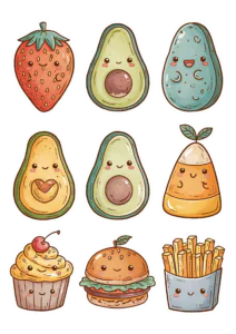 Cute Kawaii Food Printable Sticker Sheet PNG – Avocado, Burger, Cupcake & Strawberry Digital Snack Clipart