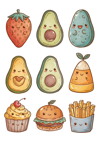 Cute Kawaii Food Printable Sticker Sheet PNG – Avocado, Burger, Cupcake & Strawberry Digital Snack Clipart