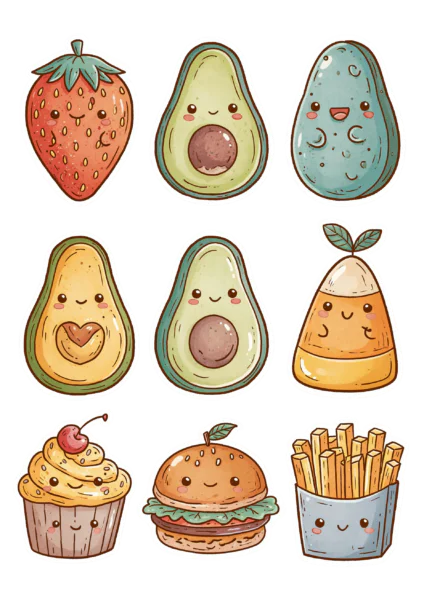 Cute Kawaii Food Printable Sticker Sheet PNG – Avocado, Burger, Cupcake & Strawberry Digital Snack Clipart