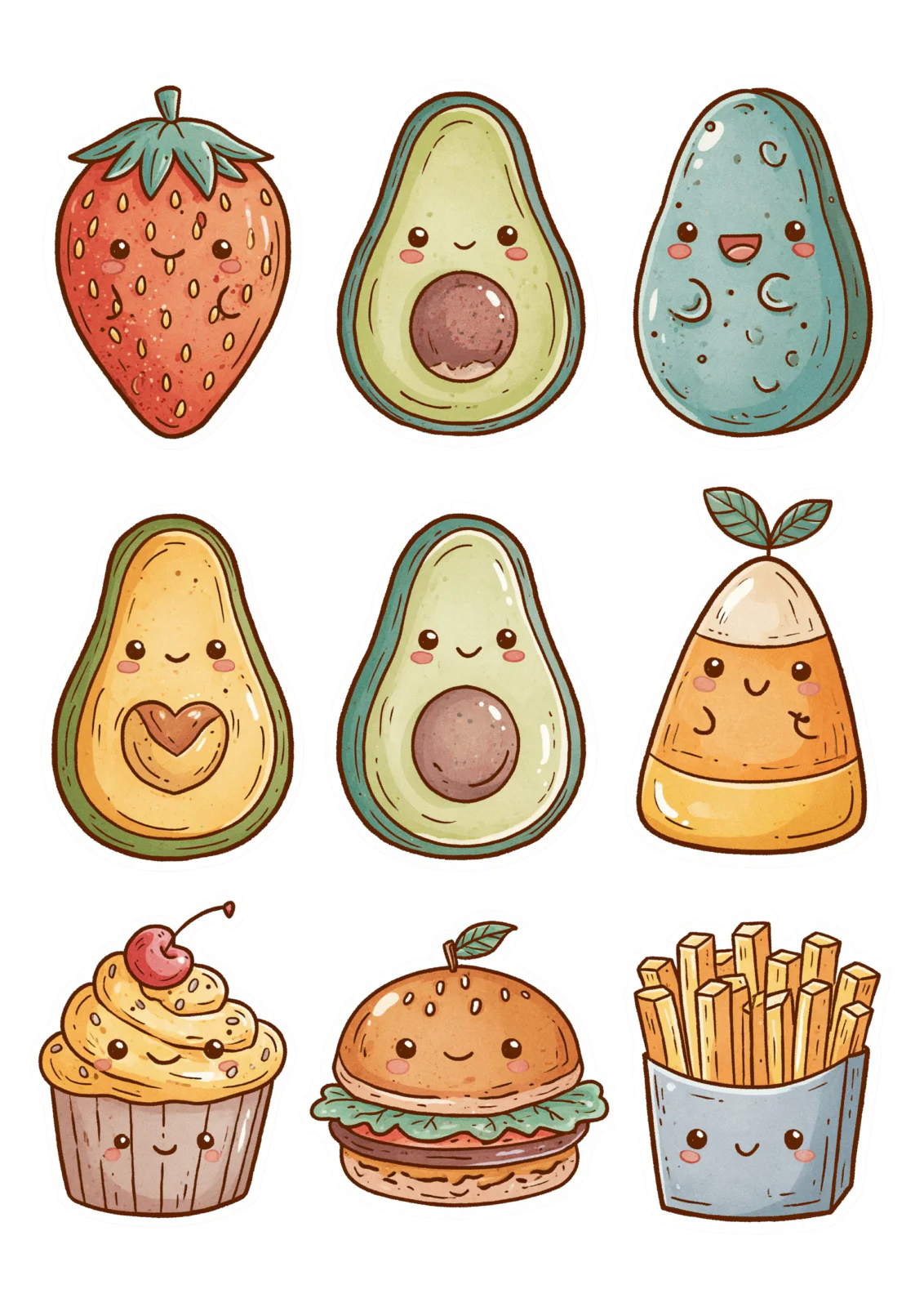 Cute Kawaii Food Printable Sticker Sheet PNG – Avocado, Burger, Cupcake & Strawberry Digital Snack Clipart Cute Kawaii Food Printable Sticker Sheet PNG – Avocado, Burger, Cupcake & Strawberry Digital Snack Clipart