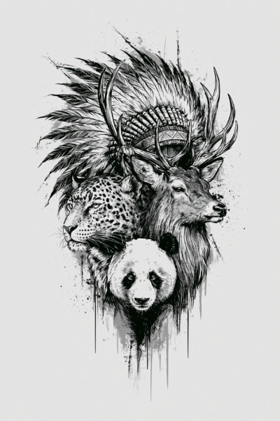 Edgy Black and White Wildlife Printable Wall Art – Tattoo Style Tribal Stag, Leopard & Panda Ink Drawing Poster