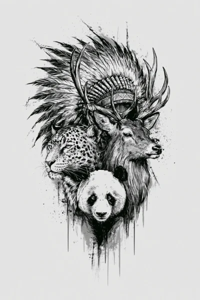 Edgy Black and White Wildlife Printable Wall Art – Tattoo Style Tribal Stag, Leopard & Panda Ink Drawing Poster