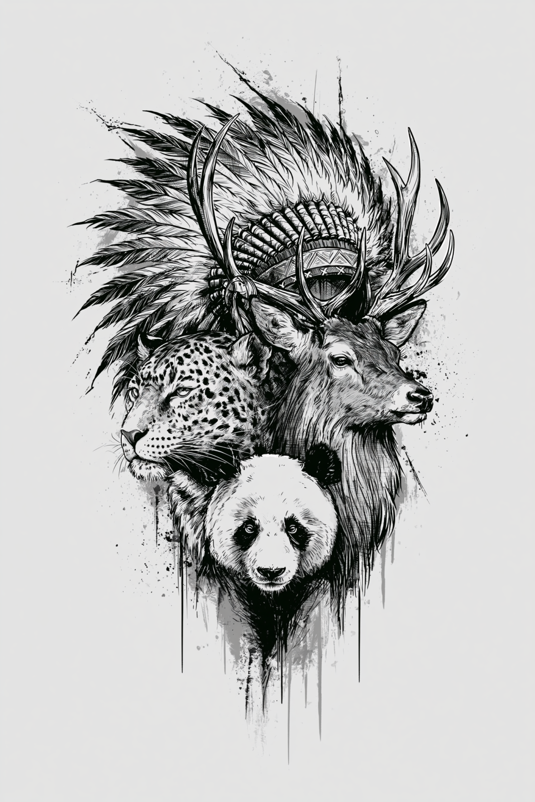 Edgy Black and White Wildlife Printable Wall Art – Tattoo Style Tribal Stag, Leopard & Panda Ink Drawing Poster