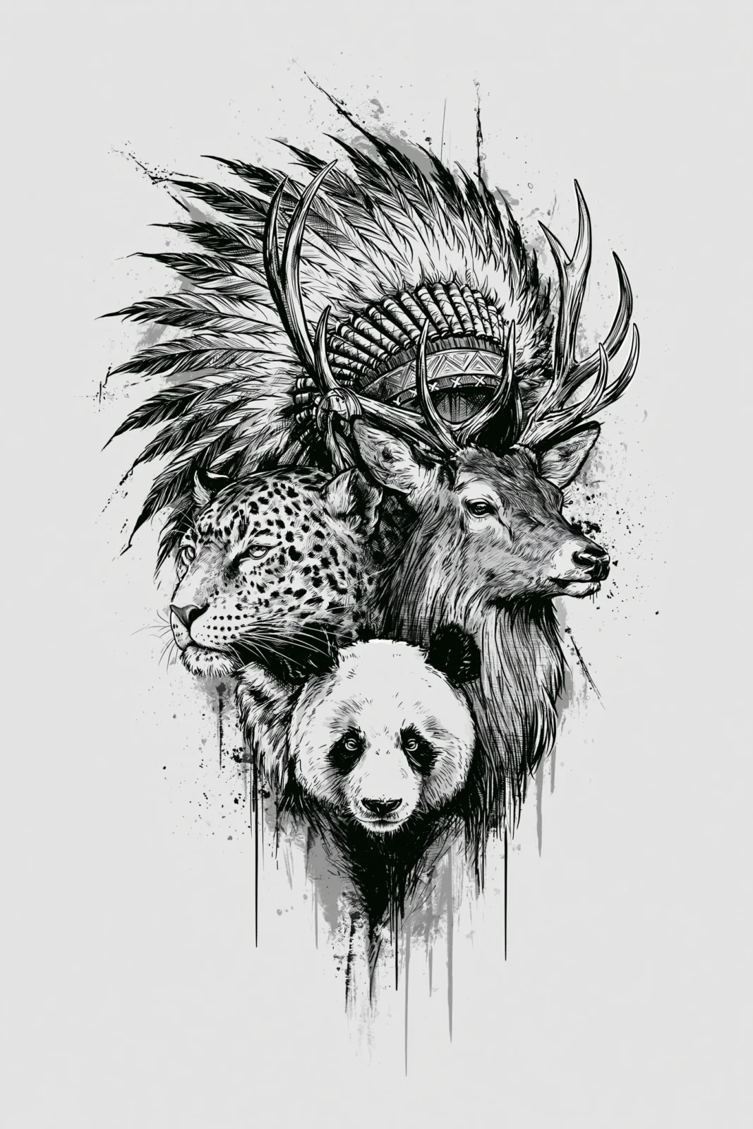 Edgy Black and White Wildlife Printable Wall Art – Tattoo Style Tribal Stag, Leopard & Panda Ink Drawing Poster Edgy Black and White Wildlife Printable Wall Art – Tattoo Style Tribal Stag, Leopard & Panda Ink Drawing Poster