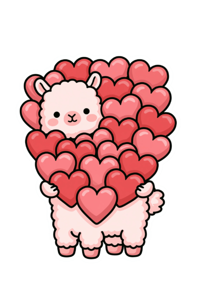 Cute Kawaii Llama Holding Hearts Printable Sticker – Sweet Love Alpaca Decal for Planners & Laptops