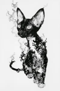 Mystical Black Cat Printable Wall Art – Ink & Tribal Tattoo Style Sphynx Devon Rex Cat Illustration Poster, Gothic Dark Academia Decor