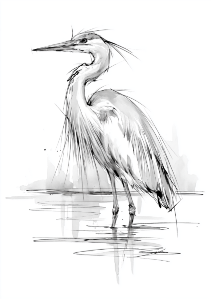 Minimalist Heron Ink Drawing Printable Wall Art – Expressive Black and White Wildlife Poster & Modern Monochrome Bird Print