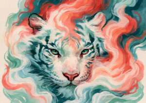 Mystic White Tiger in Fire & Smoke Printable Wall Art – Surreal Coral & Teal Watercolor Tiger Painting Poster, Ethereal Fantasy Wildlife Decor