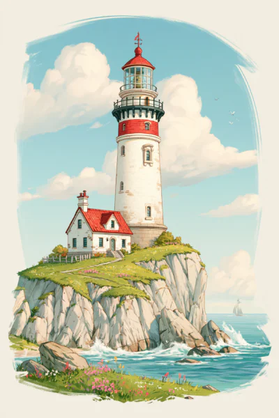 Vintage Coastal Lighthouse & Cottage Printable Wall Art – Nautical Landscape Illustration Poster